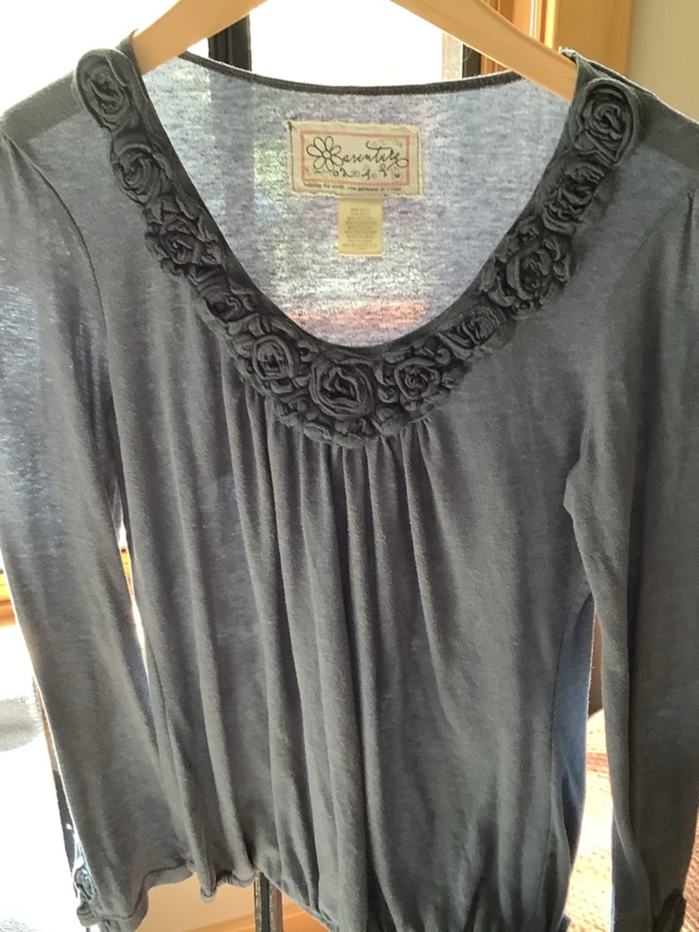 Aventura Blue Long-Sleeve Top with Rose Trim blue grey